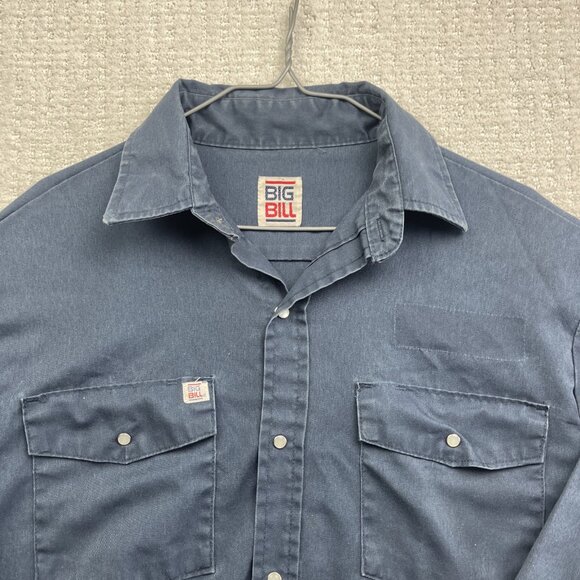 Big Bill Work Shirt Men’s Dark Blue Pearl Snap Long Sleeve Workwear Read* - Picture 2 of 16